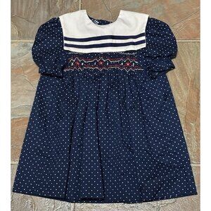 Vintage Size 3T Girls Polly Flinders Short Sleeve Smocked Blue Polka Dot Dress